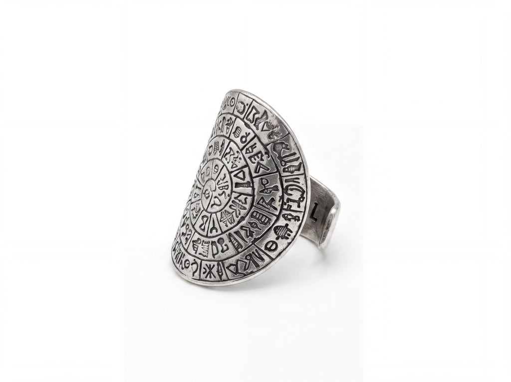 Side profile of the Phestos Disc Ring showing band thickness and raised sterling silver disc
