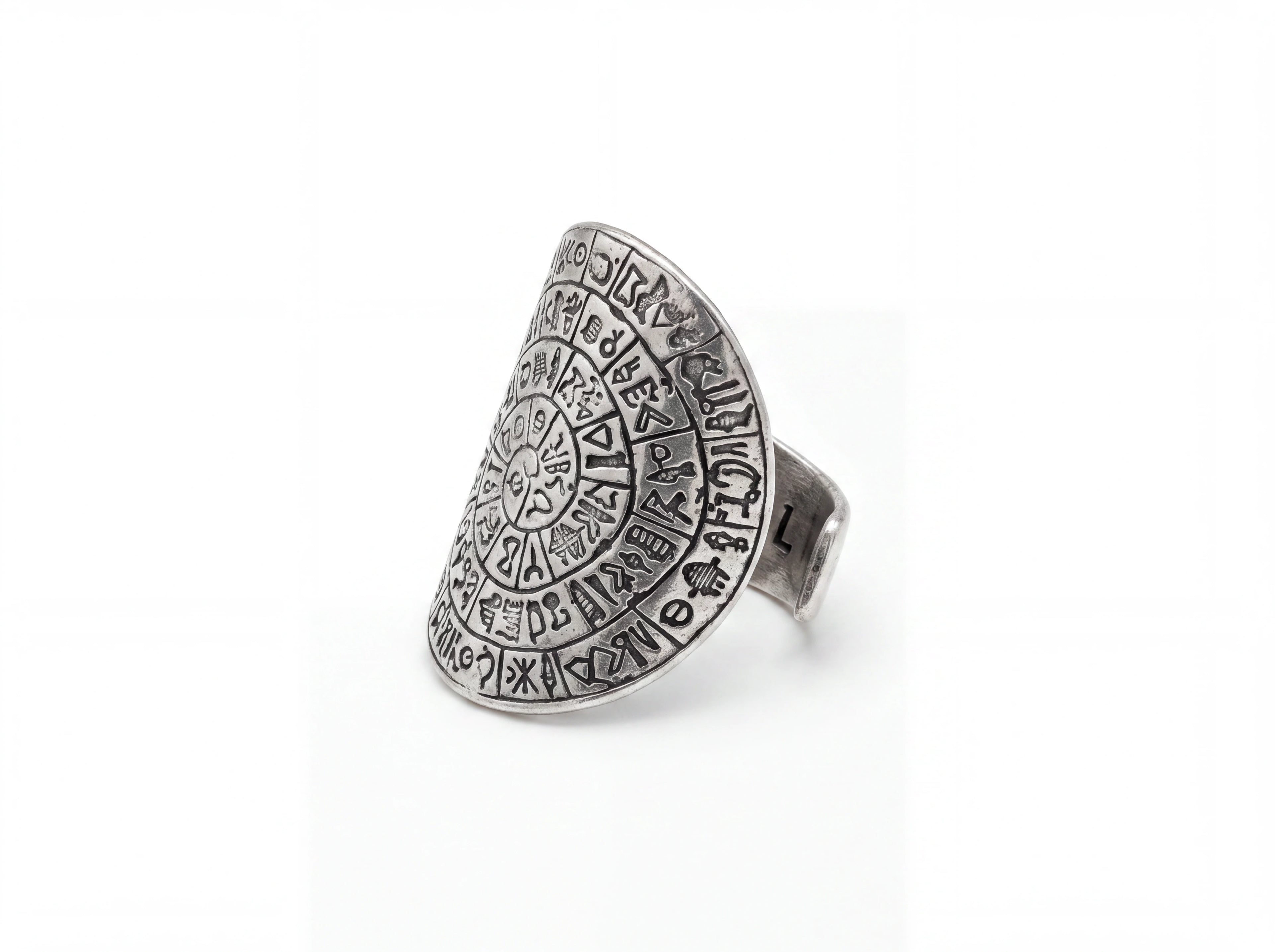 Side profile of the Phestos Disc Ring showing band thickness and raised sterling silver disc