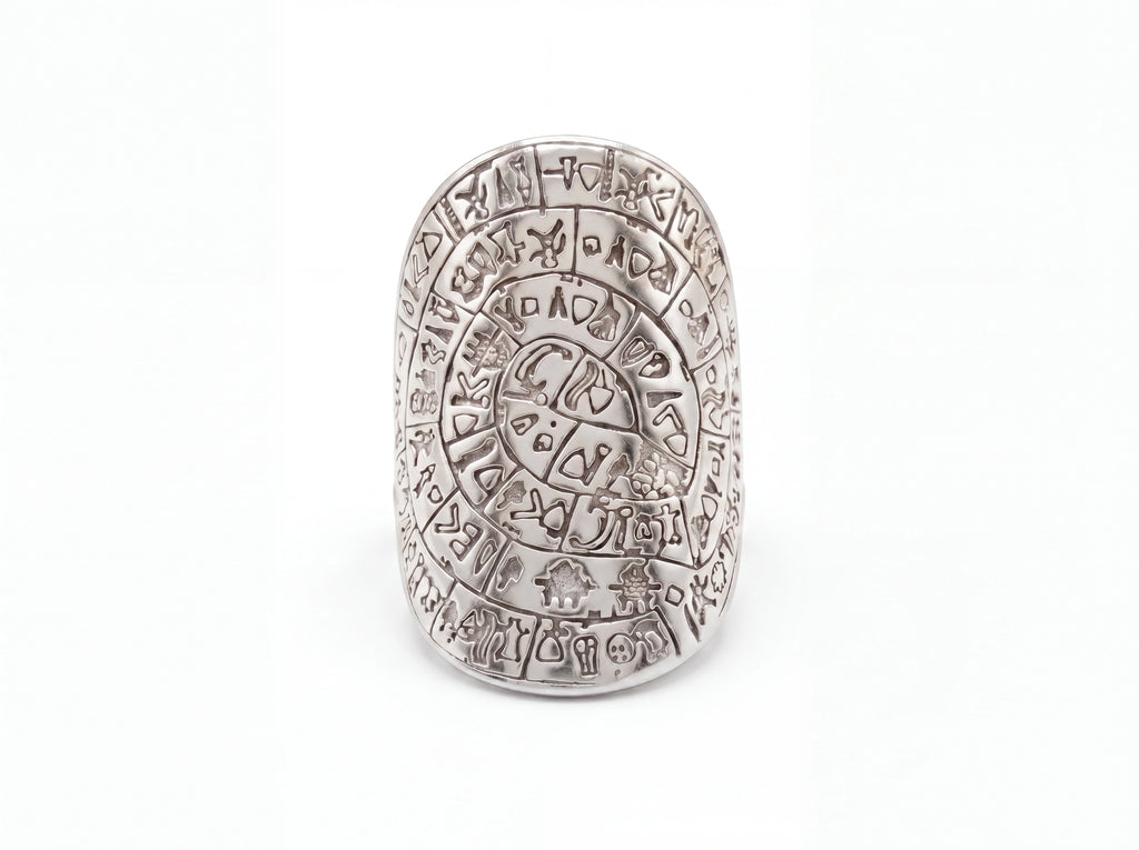Phestos Disc Ring in rhodium-plated .925 sterling silver, shown face-on