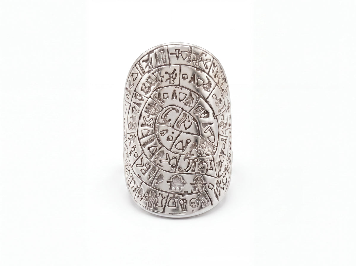 Phestos Disc Ring in rhodium-plated .925 sterling silver, shown face-on